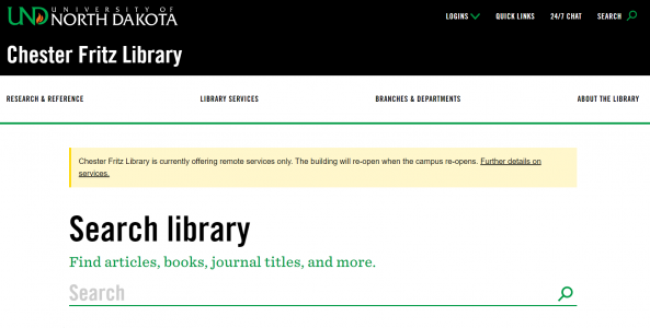 Screenshot of the Chester Fritz Library homepage.