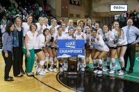 The 2016 UND Volleyball squad pose for a team photo shortly after securing its first-ever berth in the 64-team NCAA Division I national tournament. The Fight Hawks defeated the Northern Arizona University Lumberjacks in straight sets Saturday night at the Betty Engelstad Sioux Center in its quest to become the Big Sky Conference and Tournament champion. Photo by Shawna Schill.