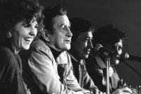 UND alumnus and literary legend Thomas McGrath (second from left) takes part in a noon-hour panel discussion during the 1985 UND Writers Conference. The panel was led by UND English Professor Sherrie O’Donnell (at left).