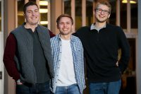 Tim O’Keefe, executive director of the UND School of Entrepreneurship, has served as a program sponsor for all six UND’s University Innovation Fellowship recipients, including this semester’s trio: (left to right) Brian Porter, Waconia Minn., Alexander Johansen, Drammen, Norway, and  Jonathan Puhl, Le Mars, Iowa. Photo by Shawna Schill.
