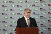 UND Athletic Director Brian Faison addresses the public and media on Wednesday, announcing that UND would be cutting three varsity sports at the end of the 2016-17 season to meet budget reduction mandates. Photo by Shawna Schill.