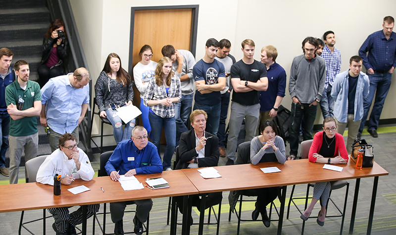University judges listen intently to project pitches at a recent Big Ideas Gym (BIG) presentation at the College of Engineering & Mines. The BIG program encourges UND engineering students and others to come up to innovative solutions to global problems. Photo by Tyler Ingham.