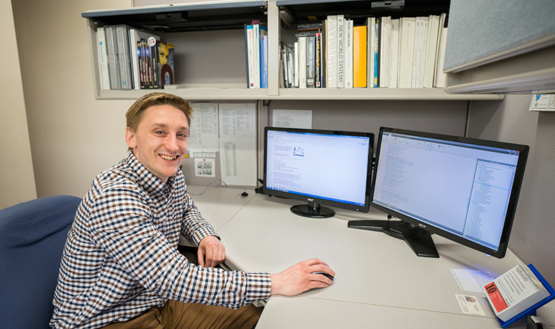 Cody Soderstrom, a computer science major at UND, starts off his new gig as an intern  for the City of Grand Forks with a clean slate.  Photo Tyler Ingham.