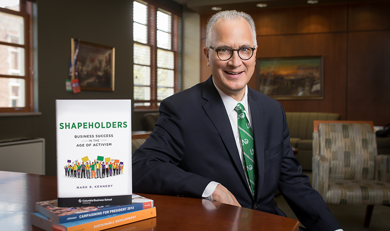UND President Mark Kennedy's new book zeroes in on how political, regulatory, media and activists can shape – or shift – business practices. Photo by Shawna Schill.