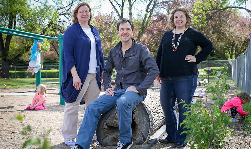 UND Assistant Professor of Educational Foundations and Research Joshua Hunter (middle) and his graduate student Cherie Graves (right) have teamed up with University Children's Learning Center Director Dawnita Nilles (left) for a research project centered on outdoor learning. Photo by Shawna Schill.