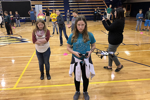 Nearly 200 students were pilots for a day in Walhalla, N.D., learning how to operate the controls of small unmanned aircraft systems. Image courtesy of Paul Snyder.