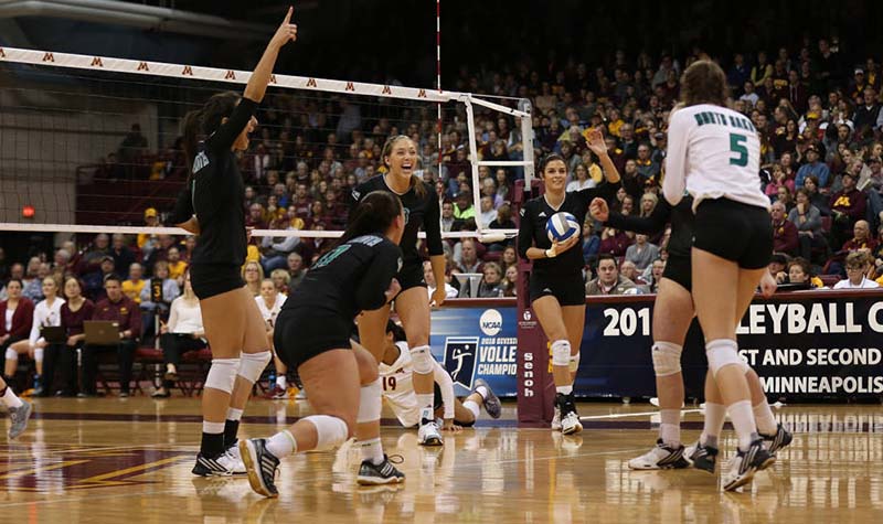 UND Volleyball players react to a kill against the Minnesota Golden Gophers in the first round of the NCAA National Tournament in 2016 in Minneapolis. The Fighting Hawks are preparing for a rematch with Minnesota on Friday night.  Image courtesy of UND Athletics.