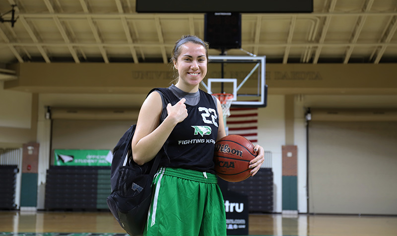 As a freshman, she played the first 27 games, including a start, before suffering a season-ending knee injury. She still earned a spot on the All-Academic Big Sky team as well as her first collegiate letter. Strand has pursued a bachelor’s in psychology for pre-physical therapy. She sees the psychological background as helpful for those dealing with the mental strain of a long recovery process. Photo by Connor Murphy/UND Today.