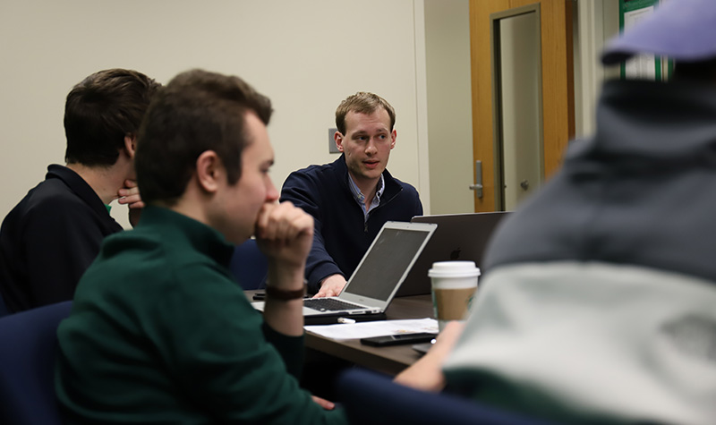 Eric Gefroh, a member of UND's Student Government leadership team, addresses members of a mascot task force recently. Photo by Connor Murphy/UND Today.