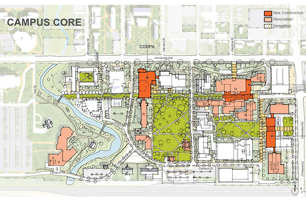 The University of North Dakota partnered with design firm Sasaki to craft a "preferred vision" for campus planning over the next 30 years. The plan is only a draft to spark discussion; many elements are subject to change. Image courtesy of Sasaki.