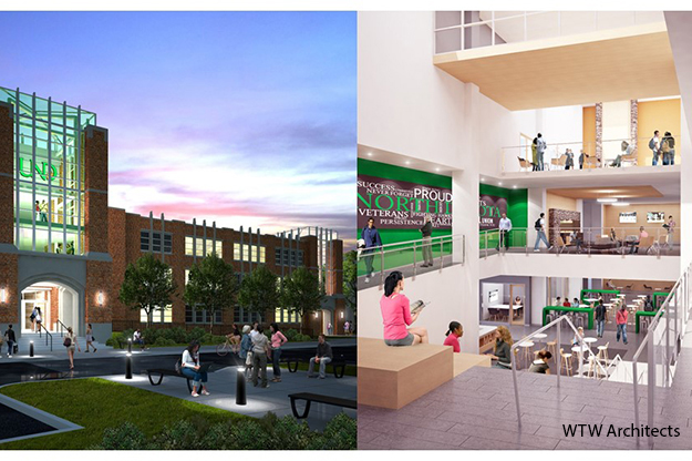 UND students may vote this year whether to support a multi-million dollar Memorial Union renovation/addition with student fees. The proposed design would incorporate a bright atrium connecting Memorial Union with McCannel Hall. Rendering courtesy of WTW Architects.