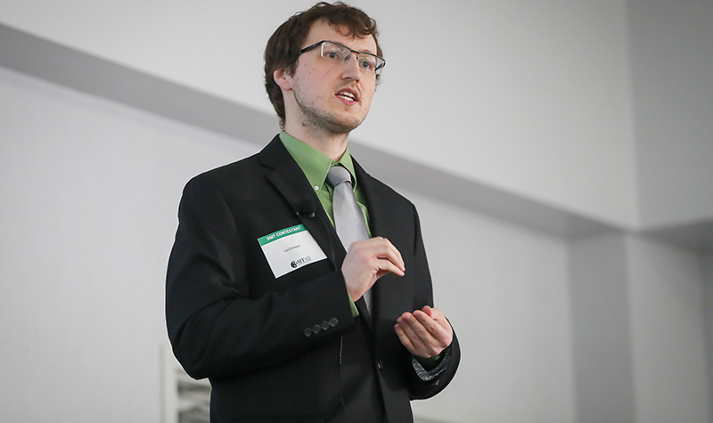 Foerster, a native of Pisek, N.D., and a doctoral student in chemical engineering, is working to convert waste products from soybeans into high-value carbon fiber, which is stronger and more stiff than steel, yet lighter. It’s used in planes, cars, and even golf clubs. He took first place in the recent three Minute Thesis Competition at UND.  Photo by Shawna Schill/UND Today.