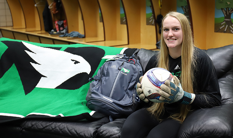 Sophomore Catherine Klein of UND’s Women’s Soccer won the Big Sky Conference’s Goalkeeper of the Year award for her 2017 performance – including an 18-save game that tied a school record. With her elementary education degree, she plans to earn her master’s in special education from UND. Photo by Connor Murphy/UND Today.