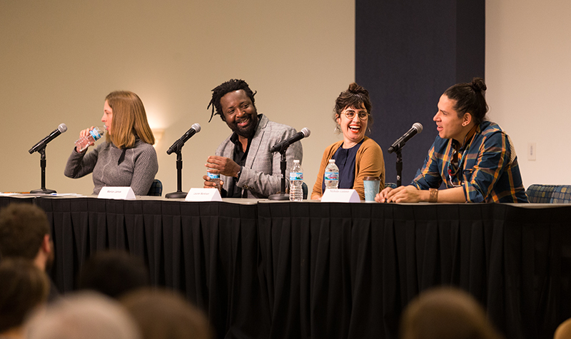 Cari Campbell , UND associate professor of history, (left) moderates a panel on "art and politics" during the 49th Annual Writers Conference at UND. Campbell was joined on the panel by conference featured artists Marlon James, Lauren Markham and Nicholas Gallanin.  Photo by Paul Wesp/UND Today.