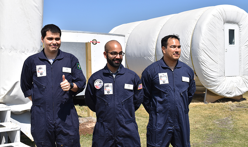 The three ILMH 14 day mission crew, from left to right: UND biomechanical engineering student Nelio Nascimento; mission commander and UND Space Studies grad student Prabhu Victor; and Michael Castro, MD, a physician from Florida and the mission’s medical officer. Juan Pedraza/UND image