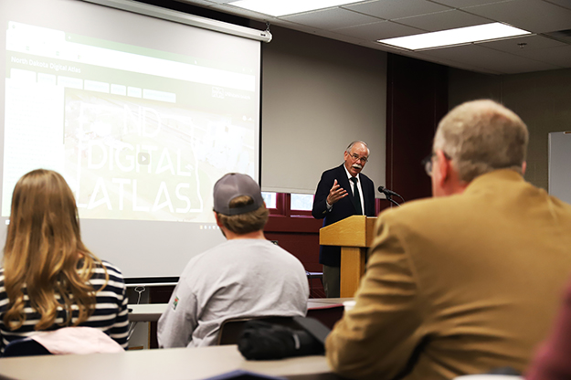 Former Herald editor and publisher Mike Jacobs has spent substantial time and effort making the Atlas a success. With his intimate knowledge of the state, he's arranged field trips, interviews and helped students develop research projects. Photo by Connor Murphy/UND Today.