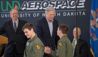Sen. John Hoeven, R-N.D., shook hands with Cadets recently enrolled in the Army ROTC Flight Training Program. Through Hoeven's efforts, defense funds were allocated to bring back the popular, unique partnership between UND Aerospace and UND Army ROTC.
