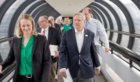 Hoeven and company walked over to Clifford Hall following their meeting to see the 360-degree air traffic control tower simulation system. Photo by Connor Murphy/UND Today.