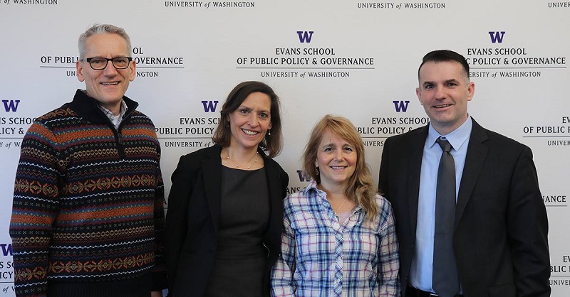 Dana Harsell (far right) was one of the judges for the NASPAA-Batten student flu pandemic simulation at the University of Washington in 2018. Photo courtesy of the University of Washington. 