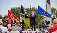President Armacost delivers the keynote address at the Dedication of Grand Forks' Veterans Memorial Park, Sept. 11, 2021. Photo by Shawna Schill/UND Today