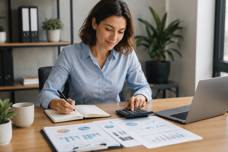 Photo of business woman in her office looking over financial information