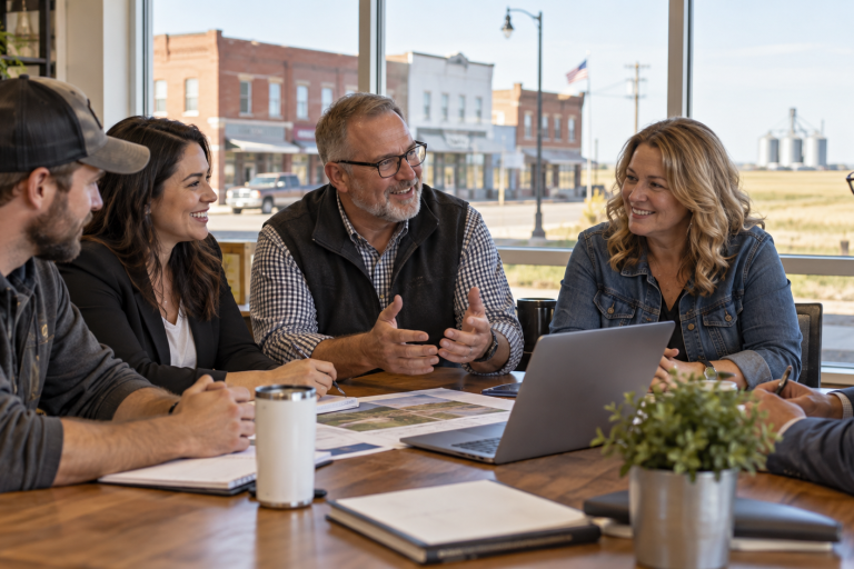 a group of 2 women and 3 men sitting around a table in the office for a work meeting