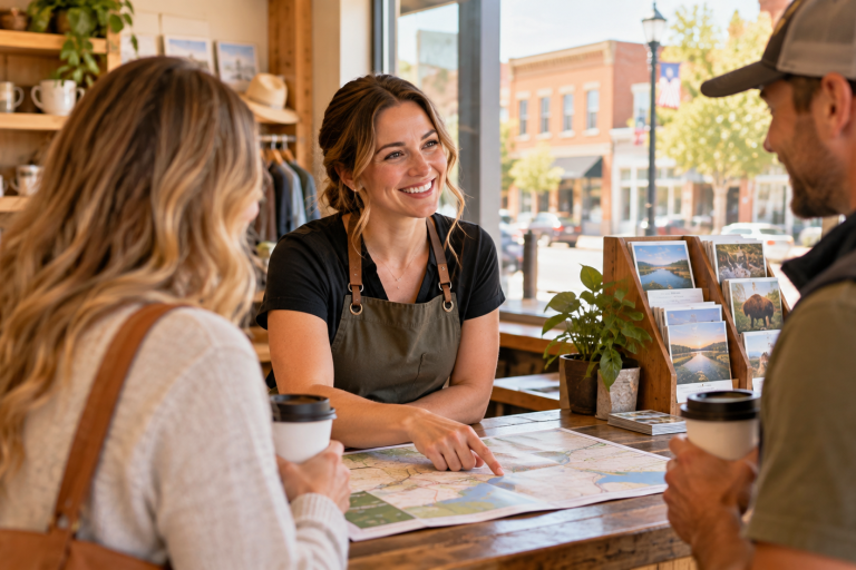 a small business owner in her shop speaking and smiling to 2 customers