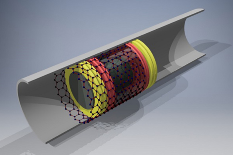 A 3D rendering of a device inside of a cylindrical pipeline.