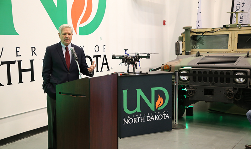 U.S. Sen. John Hoeven, R-N.D., speaks at a press conference at UND announcing $5 million in new funding for a project to develop an augmented-reality system for Army Humvees.