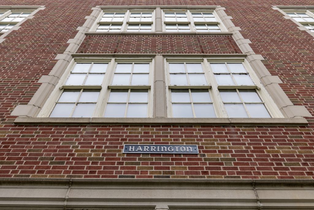 View of Harrington Hall's Windows looking up from one of the main entrances