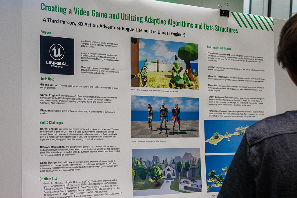 A project poster presentation displayed for expo visitors to read. It features screenshots of the game as well as a detailed process for how the game was approached.