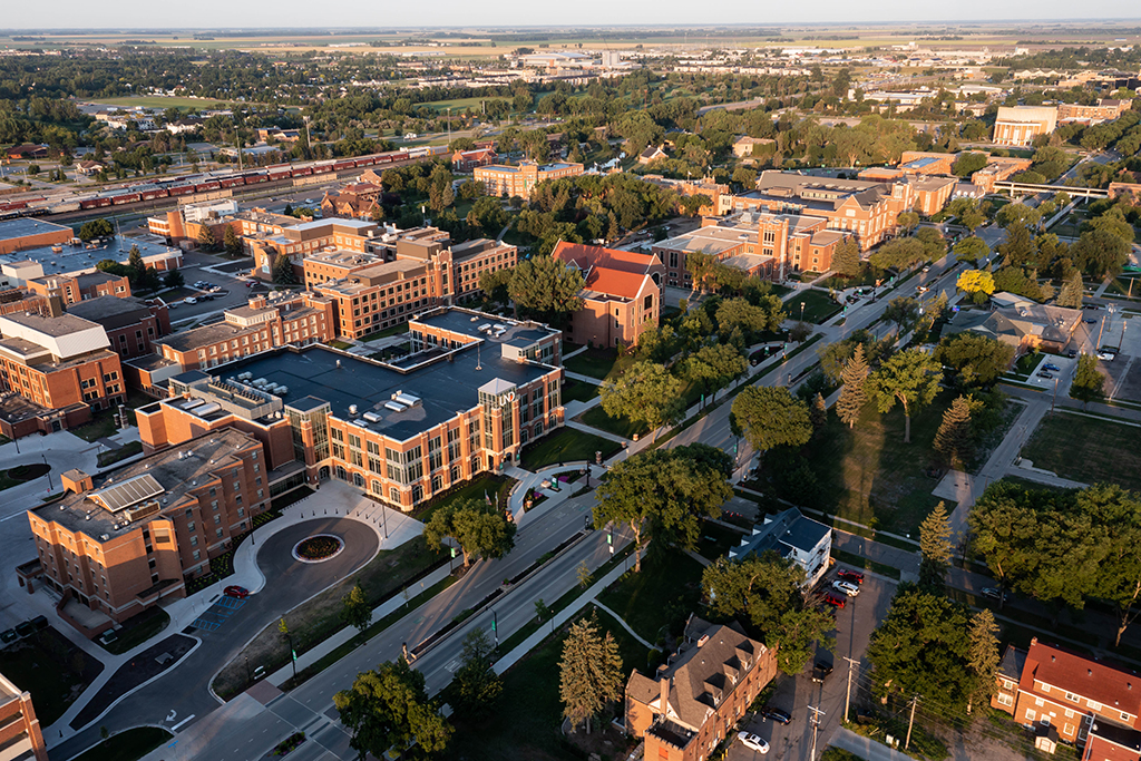 A drone view of the University of North Dakota campus.