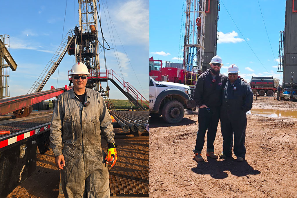 Two photos side by side, showing Univeristy of North Dakota students on an oil field in Dickinson, North Dakota.