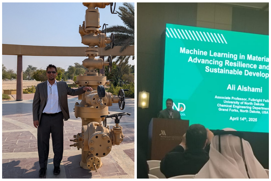 A photograph on the left depicts a person standing next to a oil wellhead in Qatar. A photograph on the right shows the person giving a presentation to a group of people.