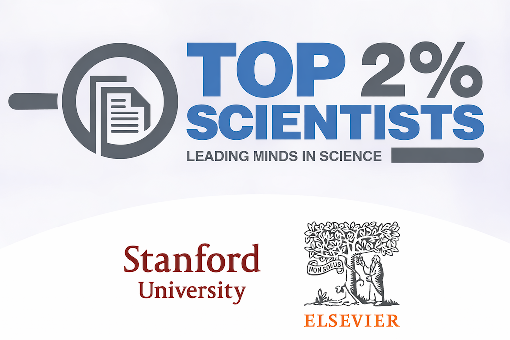 A banner reads: "Top 2% Scientists | Leading Minds in Science | Stanford University | Elsevier."