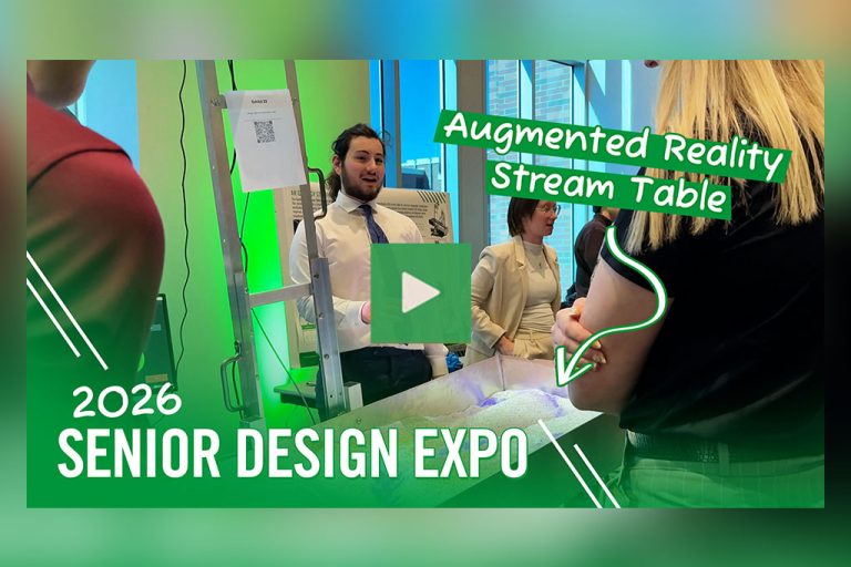 A video thumbnail that reads: "2026 Senior Design Expo | Augmented Reality Stream Table". The thumbnail features a student gesturing to a prototype as he stands next to a research poster.