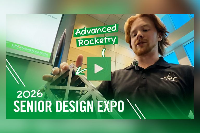 A video thumbnail that reads: "2026 Senior Design Expo | Advanced Rocketry". The thumbnail features a student gesturing to a prototype as he stands next to a research poster.