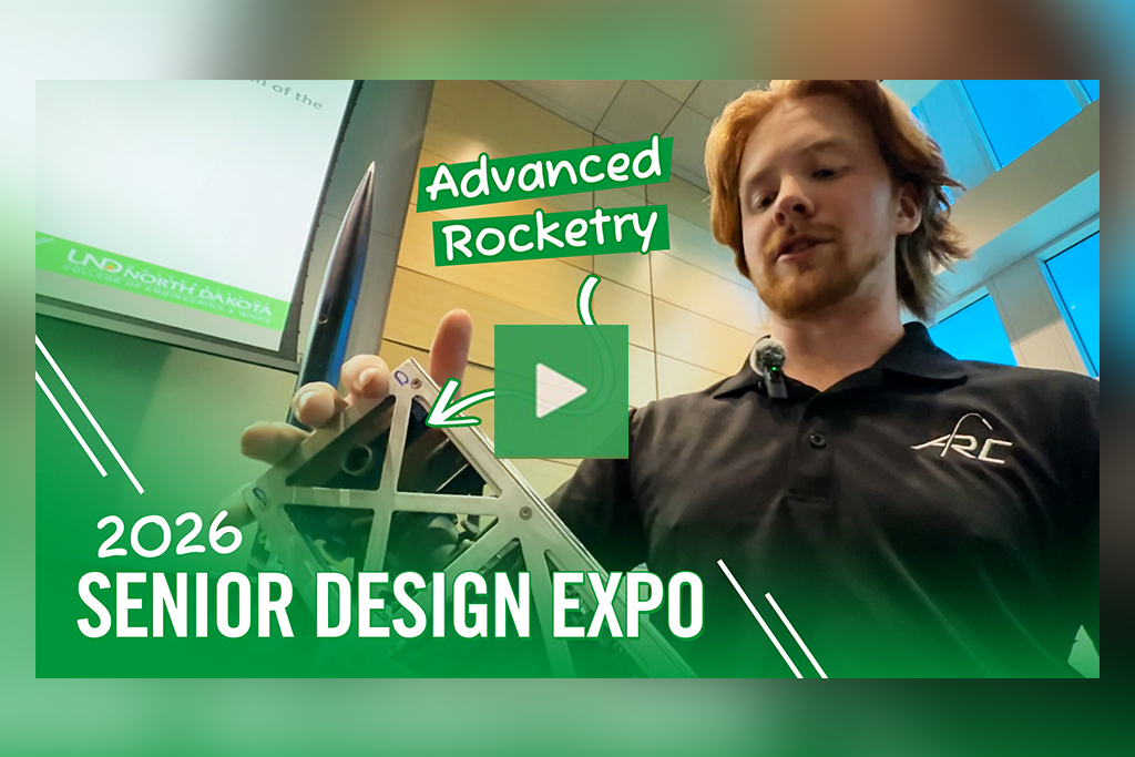 A video thumbnail that reads: "2026 Senior Design Expo | Advanced Rocketry". The thumbnail features a student gesturing to a prototype as he stands next to a research poster.