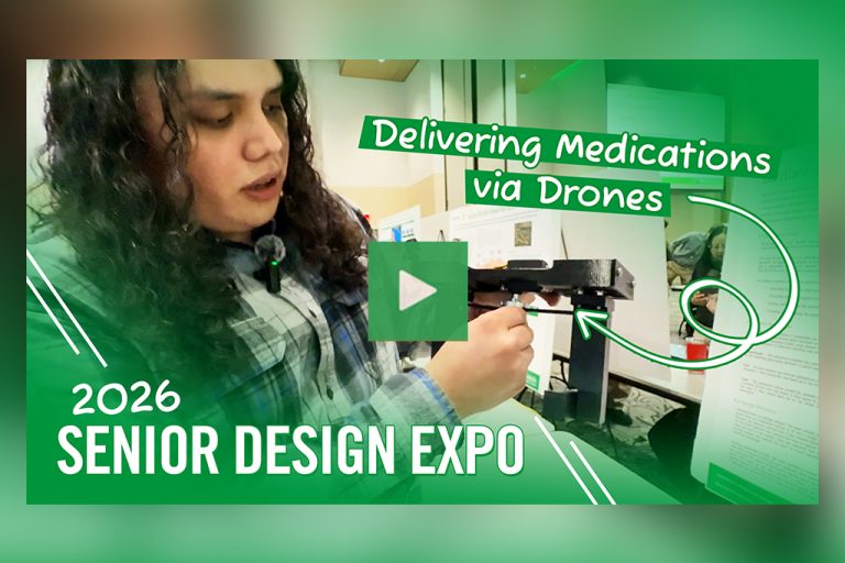 A video thumbnail that reads: "2026 Senior Design Expo | Delivering Medications via Drones". The thumbnail features a student gesturing to a prototype as he stands next to a research poster.