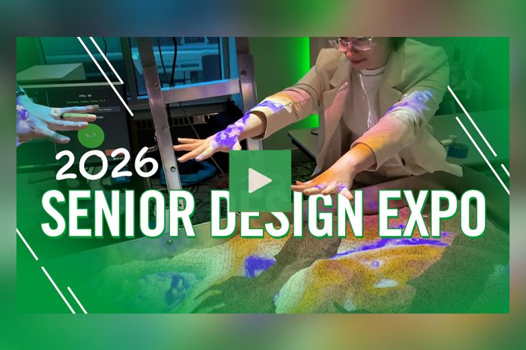 A video thumbnail that reads: "2026 Senior Design Expo". The thumbnail features a student with light projected onto her arms as she holds out her hands above an augmented reality table.