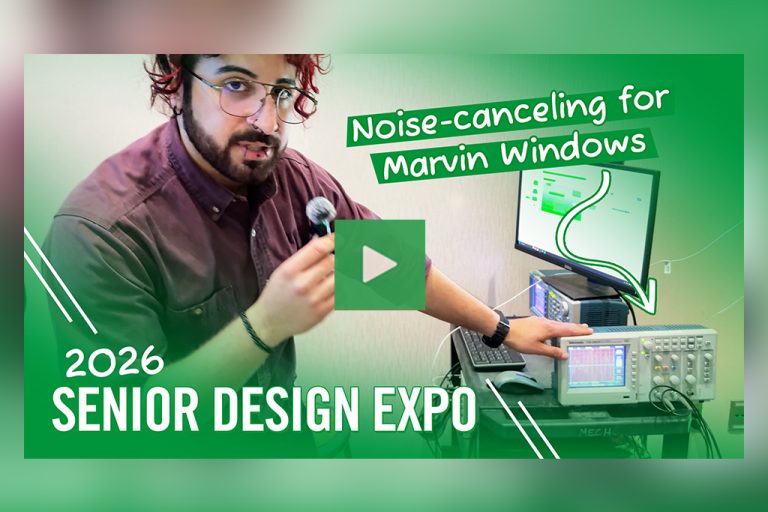 A video thumbnail that reads: "2026 Senior Design Expo | Noise-canceling for Marvin Windows". The thumbnail features a student gesturing to a prototype as he stands next to a research poster.