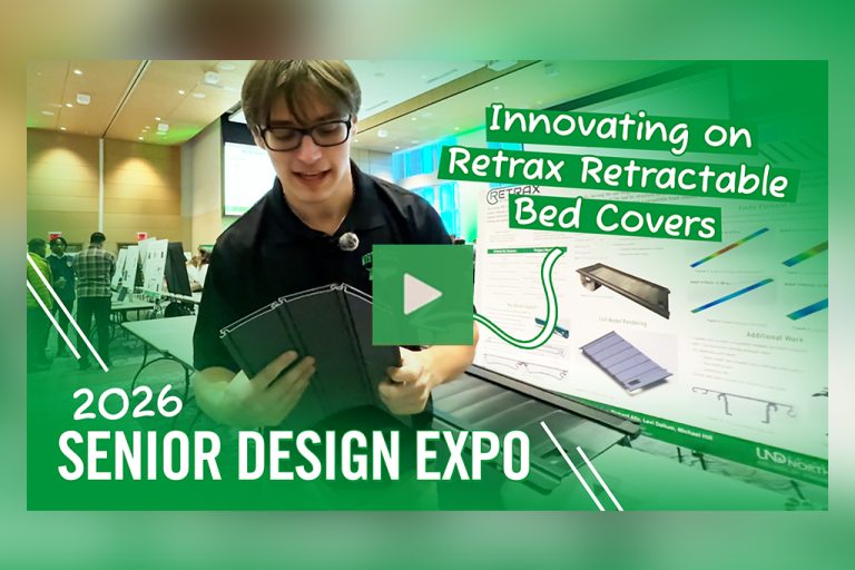 A video thumbnail that reads: "2026 Senior Design Expo | Innovating on Retrax Retractable Bed Cover". The thumbnail features a student gesturing to a prototype as he stands next to a research poster.