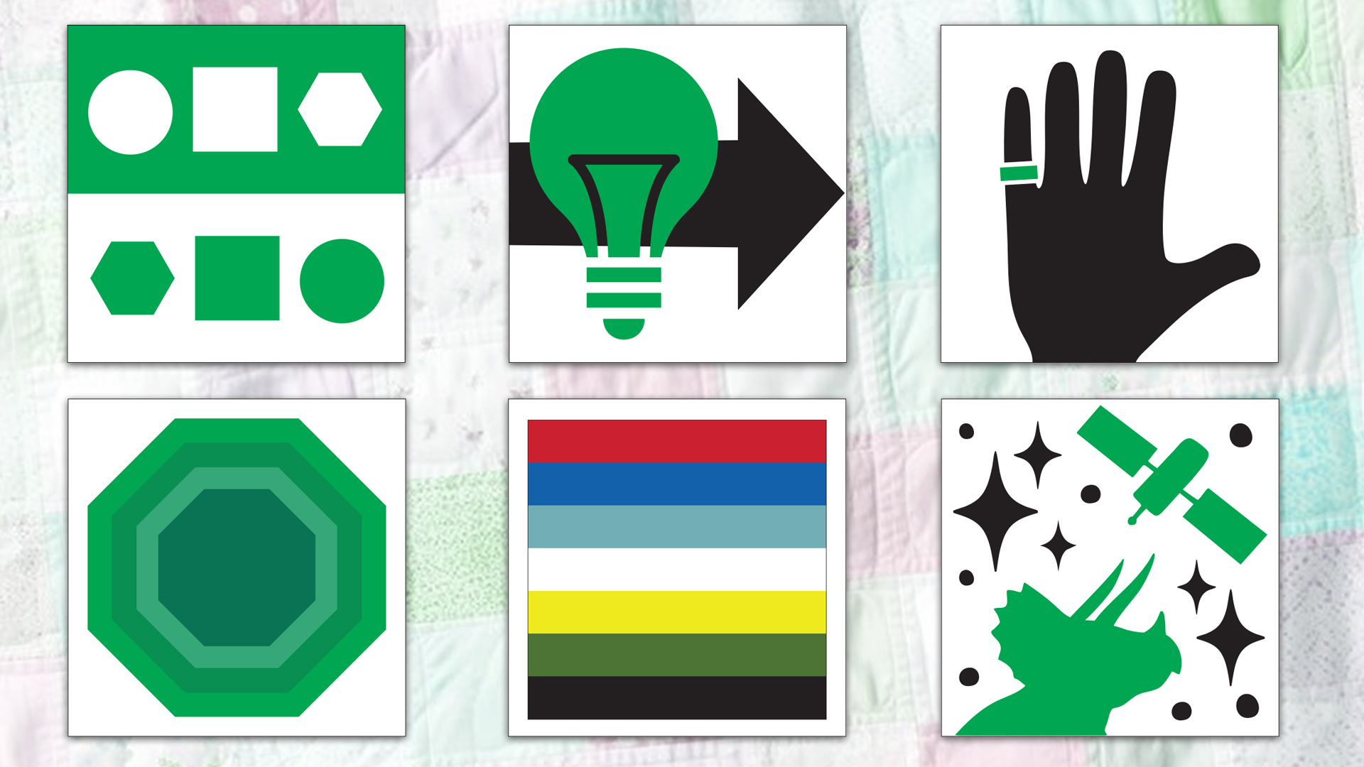 six quilt squares with symbols of shapes, a light bulb and arrow, a hand with a ring on the fifth finger, concentric octagons, stripes of red, blue, light blue, white, yellow, green and black, and a dinosaur with stars and a satellite