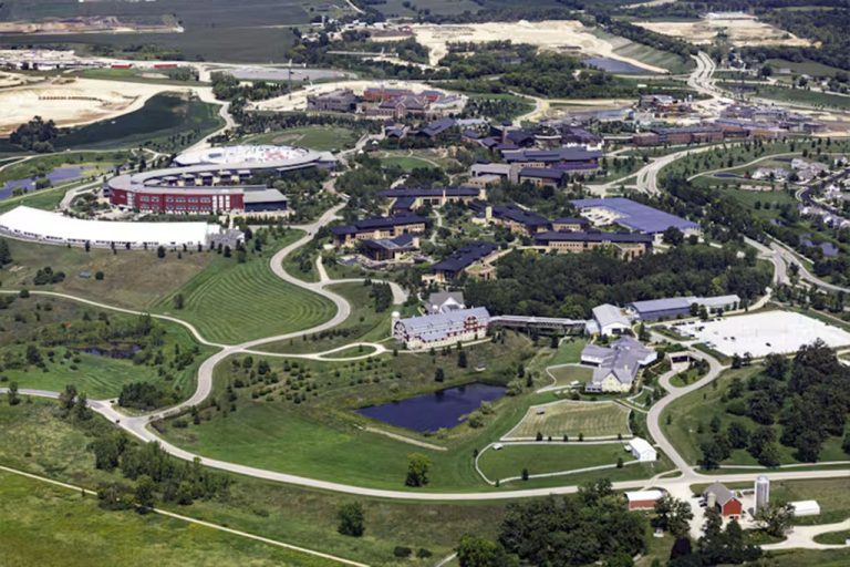 An aerial view of buildings in a Wisconsin city.