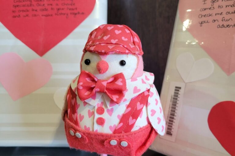 bird in overalls in front of a wrapped book