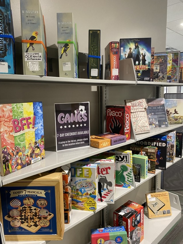 Board games on shelves
