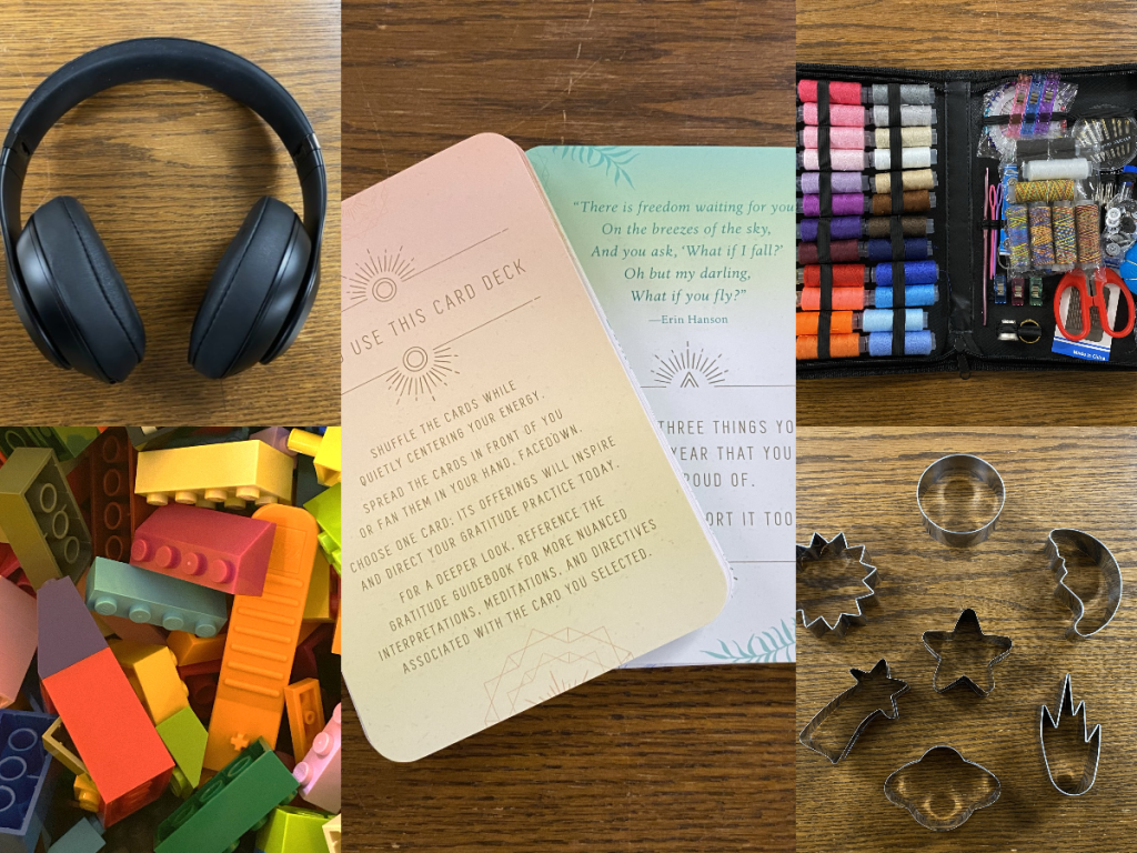 Collage of headphones, blocks, and sewing kit