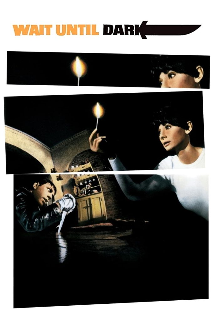 Movie poster for Wait Until Dark, distortedly showing the heroine holding a lit match in a dark room while a man approaches