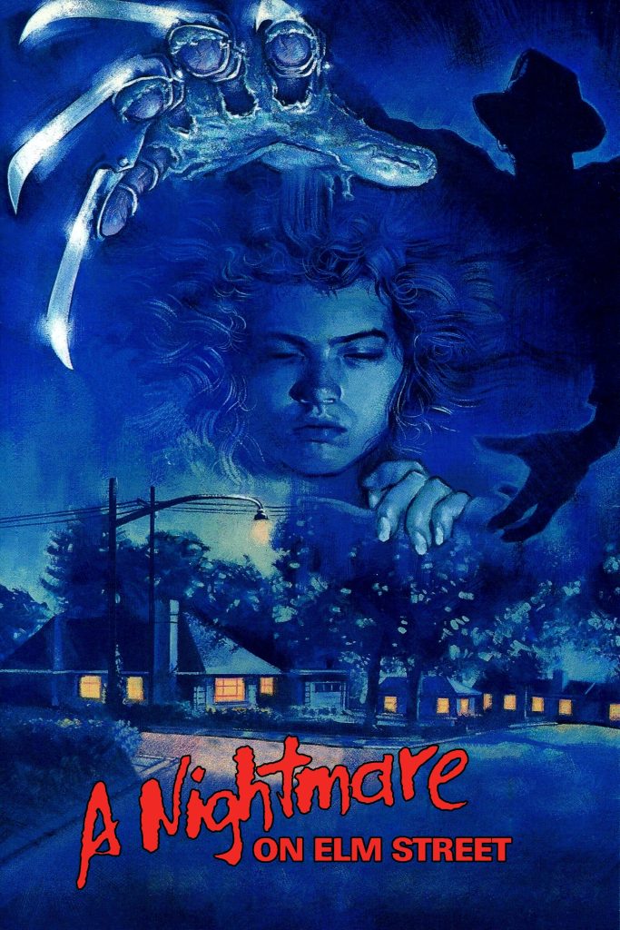Movie poster for A Nightmare on Elm Street, in which a sleeping girl and a clawed glove hover above a suburban street at night