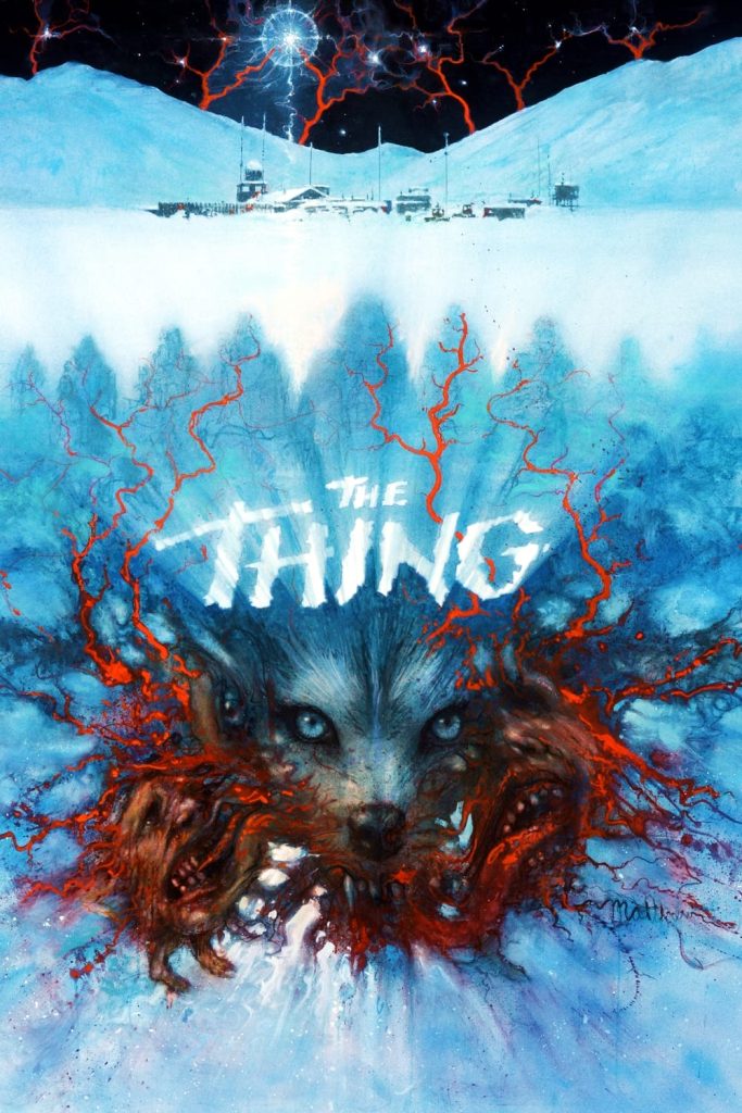 Movie poster for The Thing, which shows red tendrils emerging from a dog's face and surrounding a frozen research station